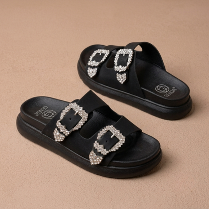 Women’s Rhinestone Double-Buckle Platform Slide Sandals – Fashion Comfort Slip-Ons