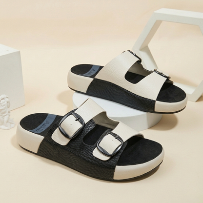 Women’s Stylish Double Strap Comfort Slides – Casual Buckle Sandals