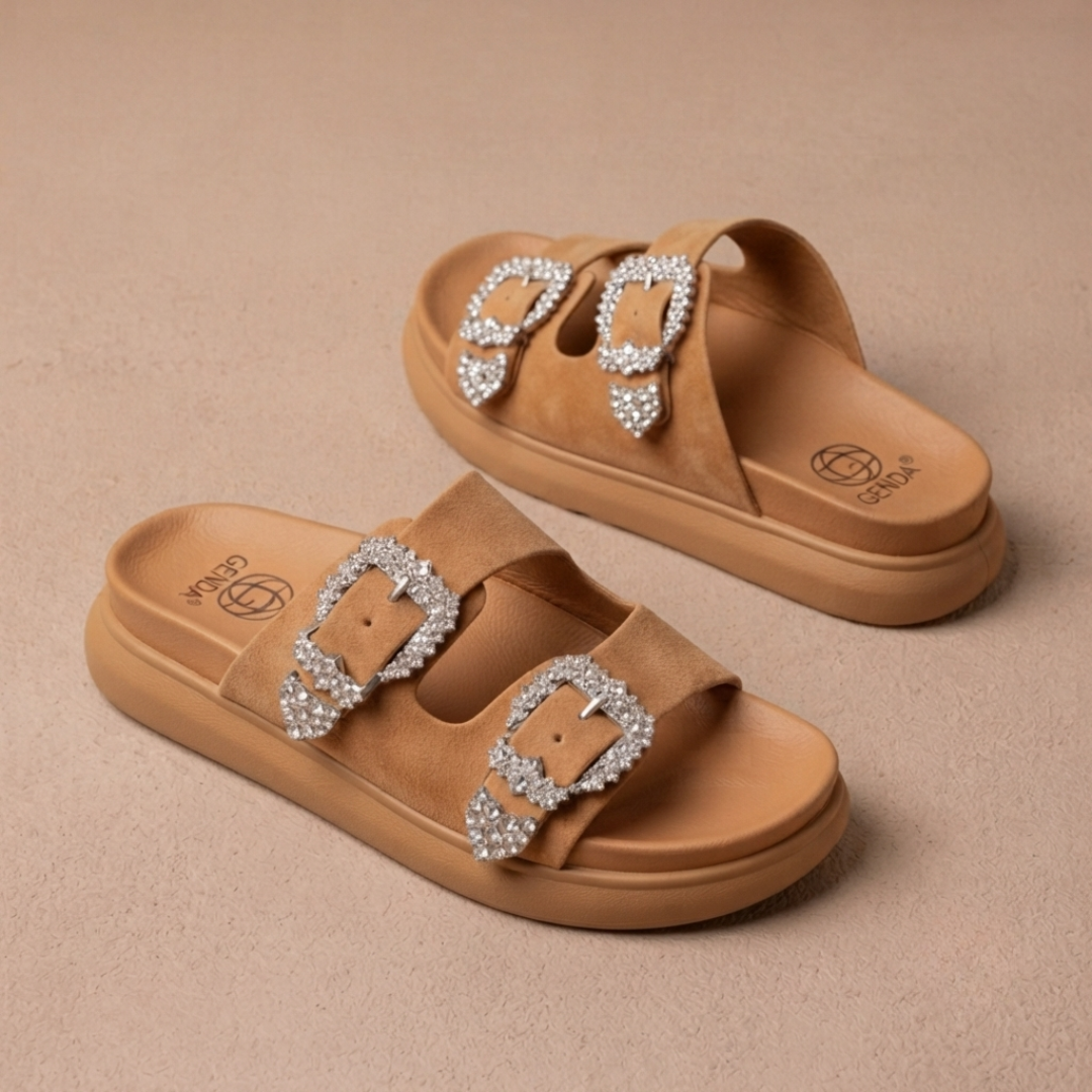 Women’s Rhinestone Double-Buckle Platform Slide Sandals – Fashion Comfort Slip-Ons
