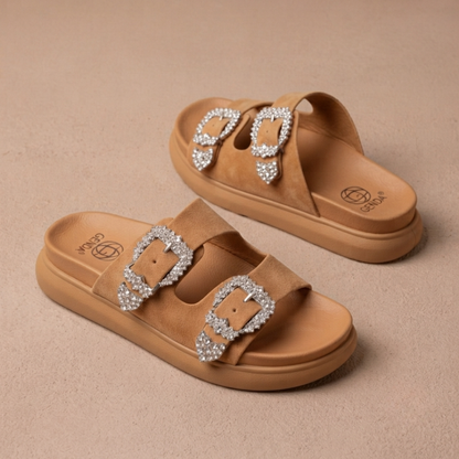 Women’s Rhinestone Double-Buckle Platform Slide Sandals – Fashion Comfort Slip-Ons