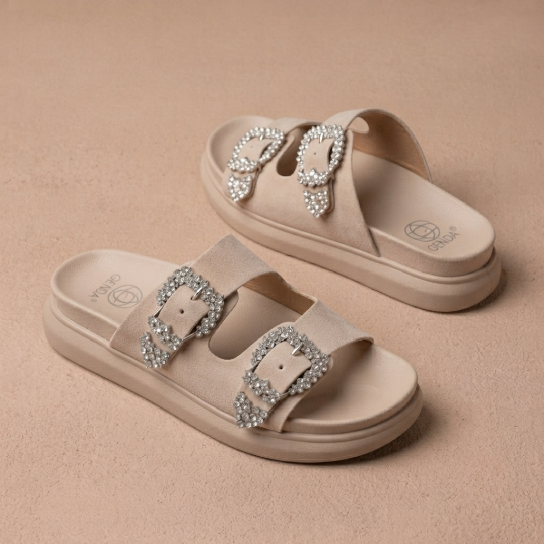 Women’s Rhinestone Double-Buckle Platform Slide Sandals – Fashion Comfort Slip-Ons