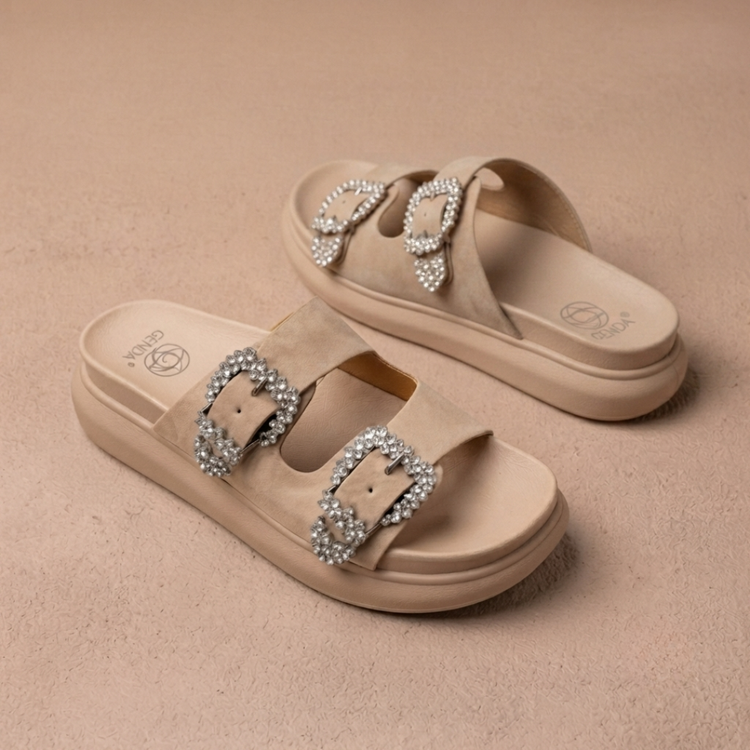Women’s Rhinestone Double-Buckle Platform Slide Sandals – Fashion Comfort Slip-Ons