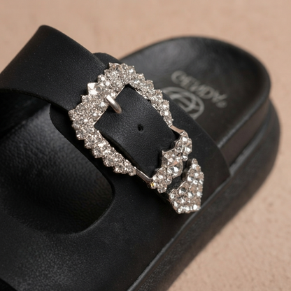 Women’s Rhinestone Double-Buckle Platform Slide Sandals – Fashion Comfort Slip-Ons