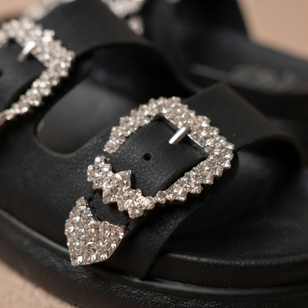 Women’s Rhinestone Double-Buckle Platform Slide Sandals – Fashion Comfort Slip-Ons