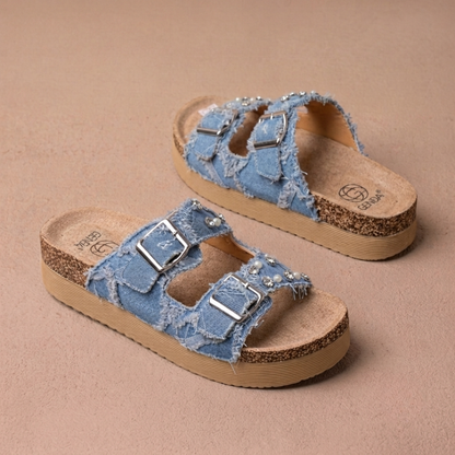 Women's Denim Platform Slide Sandals – Lightweight Comfort Wedge Sandals with Adjustable Double Buckle