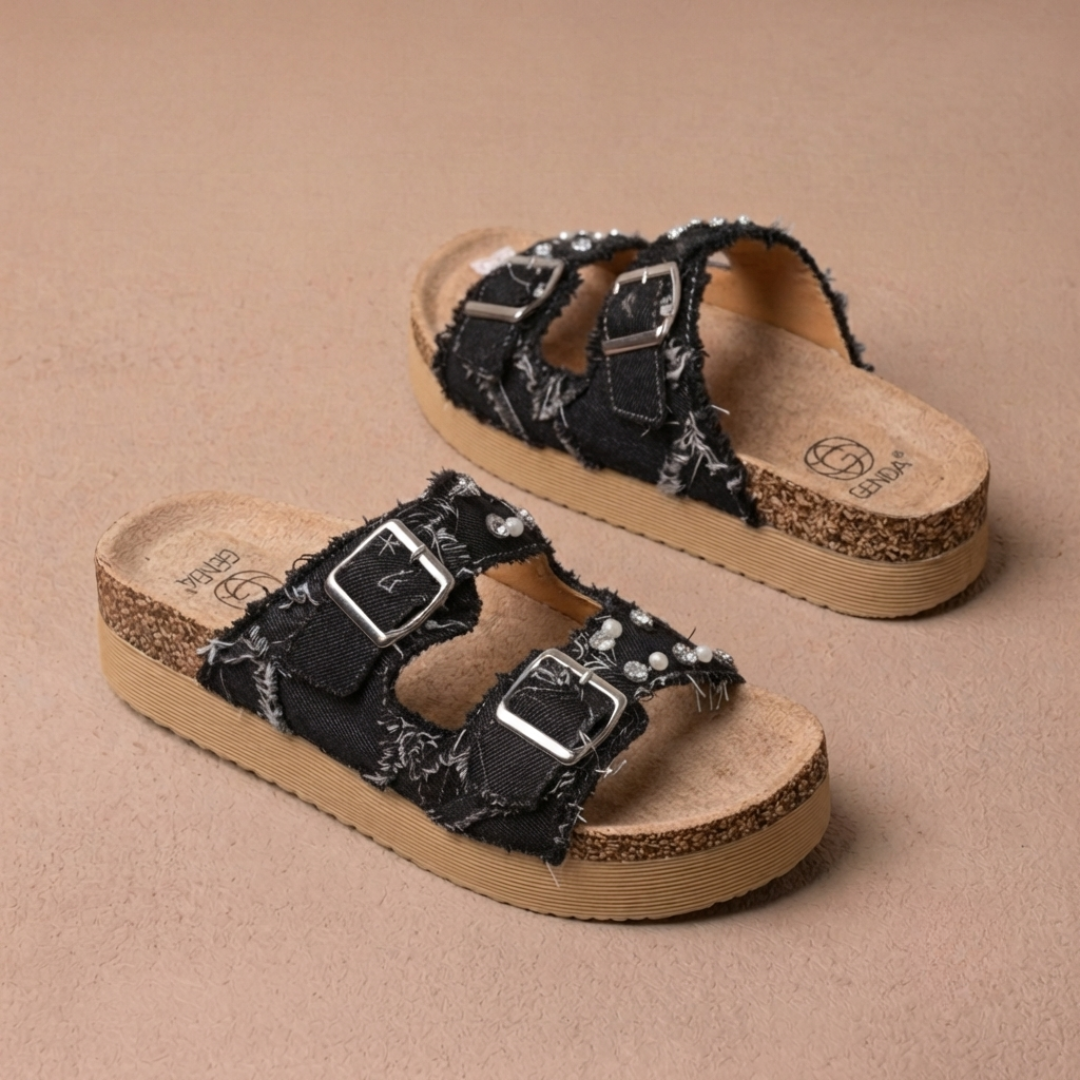 Women's Denim Platform Slide Sandals – Lightweight Comfort Wedge Sandals with Adjustable Double Buckle