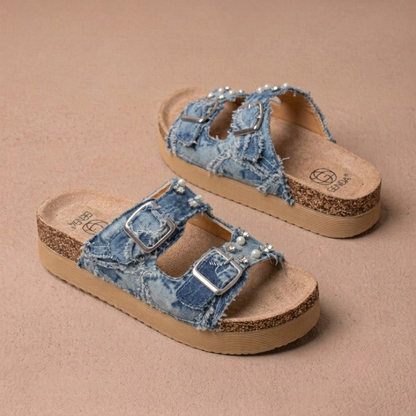 Women's Denim Platform Slide Sandals – Lightweight Comfort Wedge Sandals with Adjustable Double Buckle