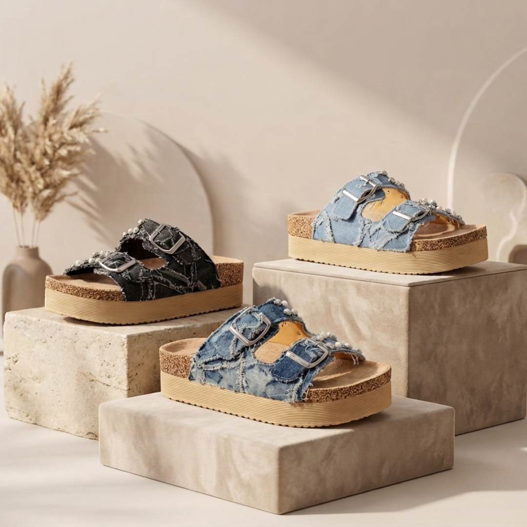 Women's Denim Platform Slide Sandals – Lightweight Comfort Wedge Sandals with Adjustable Double Buckle