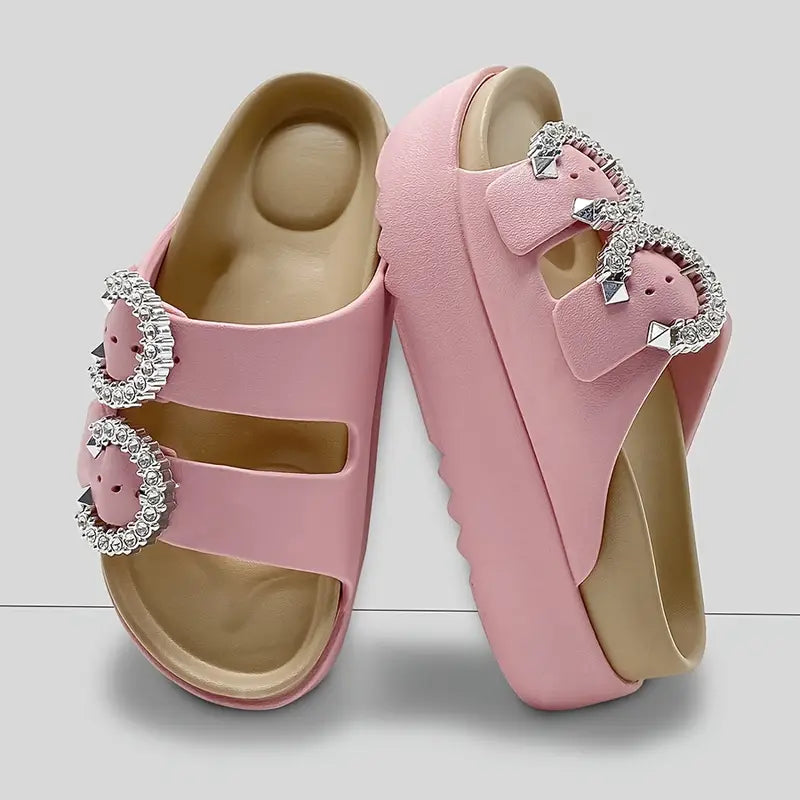 شبشب نسائي بكعب عالٍ ومنصة - ظهر بأشرطة، مريح من مادة EVA ، مفتوح من الأمام