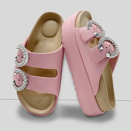 شبشب نسائي بكعب عالٍ ومنصة - ظهر بأشرطة، مريح من مادة EVA ، مفتوح من الأمام