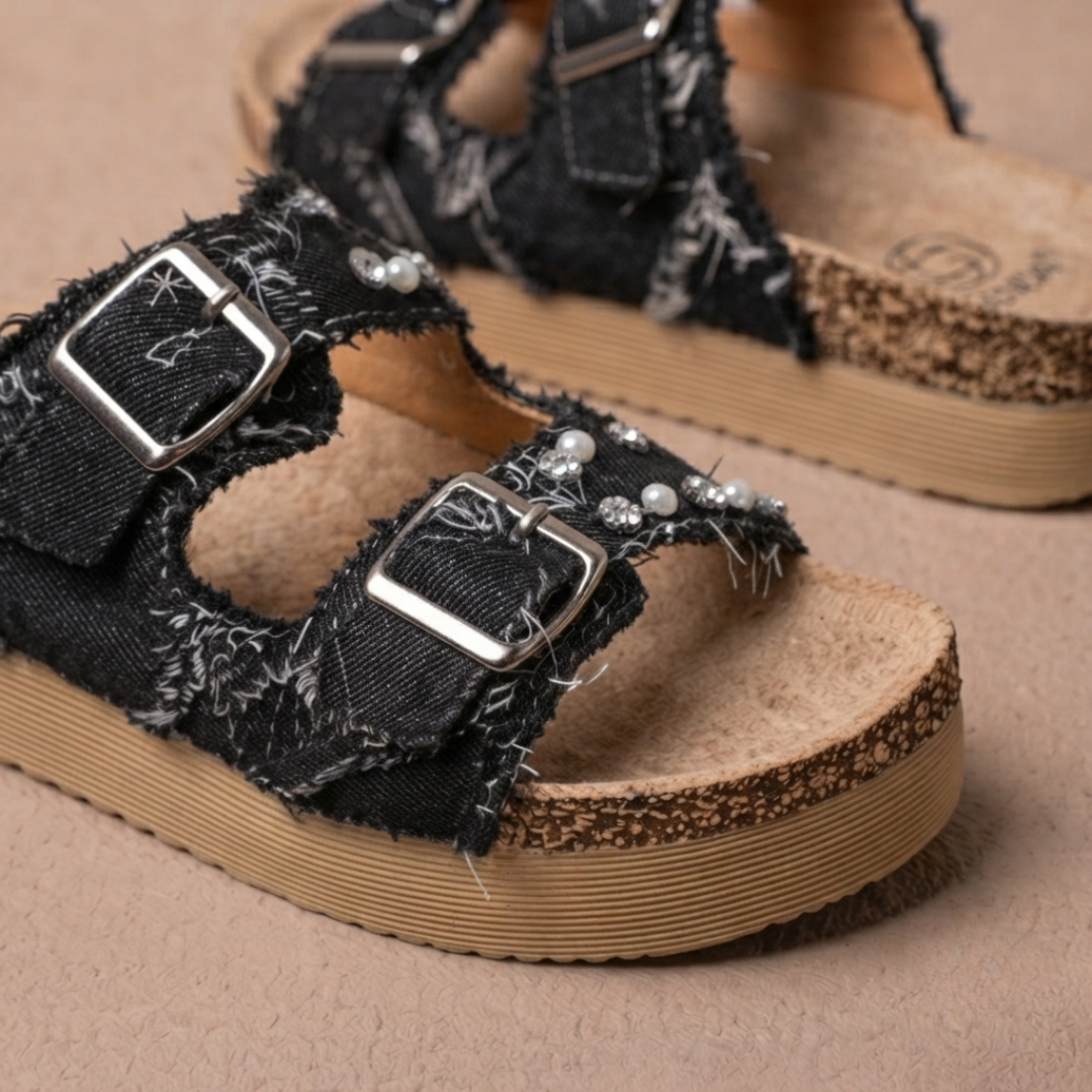 Women's Denim Platform Slide Sandals – Lightweight Comfort Wedge Sandals with Adjustable Double Buckle