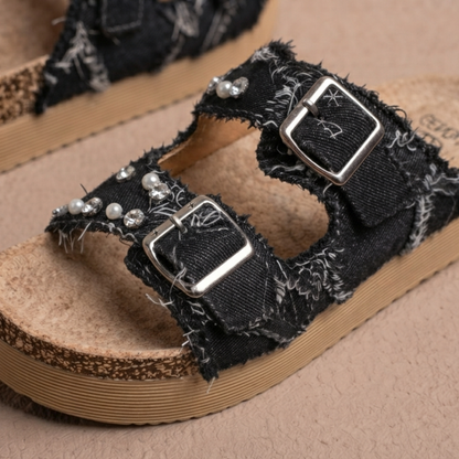 Women's Denim Platform Slide Sandals – Lightweight Comfort Wedge Sandals with Adjustable Double Buckle