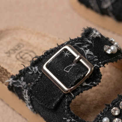 Women's Denim Platform Slide Sandals – Lightweight Comfort Wedge Sandals with Adjustable Double Buckle