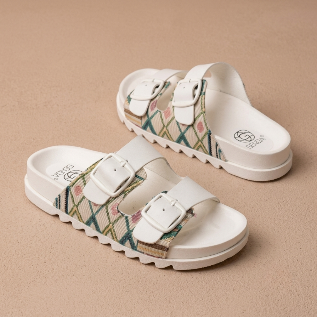 Women’s Double-Buckle Printed Comfort Slide Sandals – Stylish Everyday