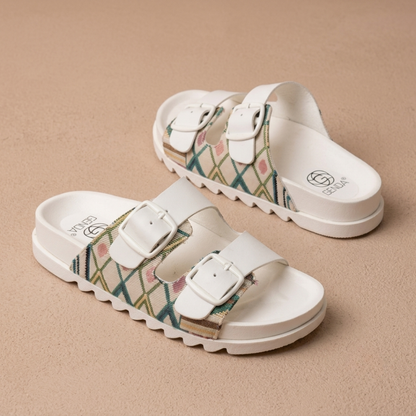 Women’s Double-Buckle Printed Comfort Slide Sandals – Stylish Everyday