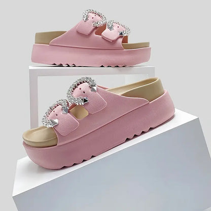 شبشب نسائي بكعب عالٍ ومنصة - ظهر بأشرطة، مريح من مادة EVA ، مفتوح من الأمام