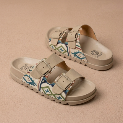 Women’s Double-Buckle Printed Comfort Slide Sandals – Stylish Everyday