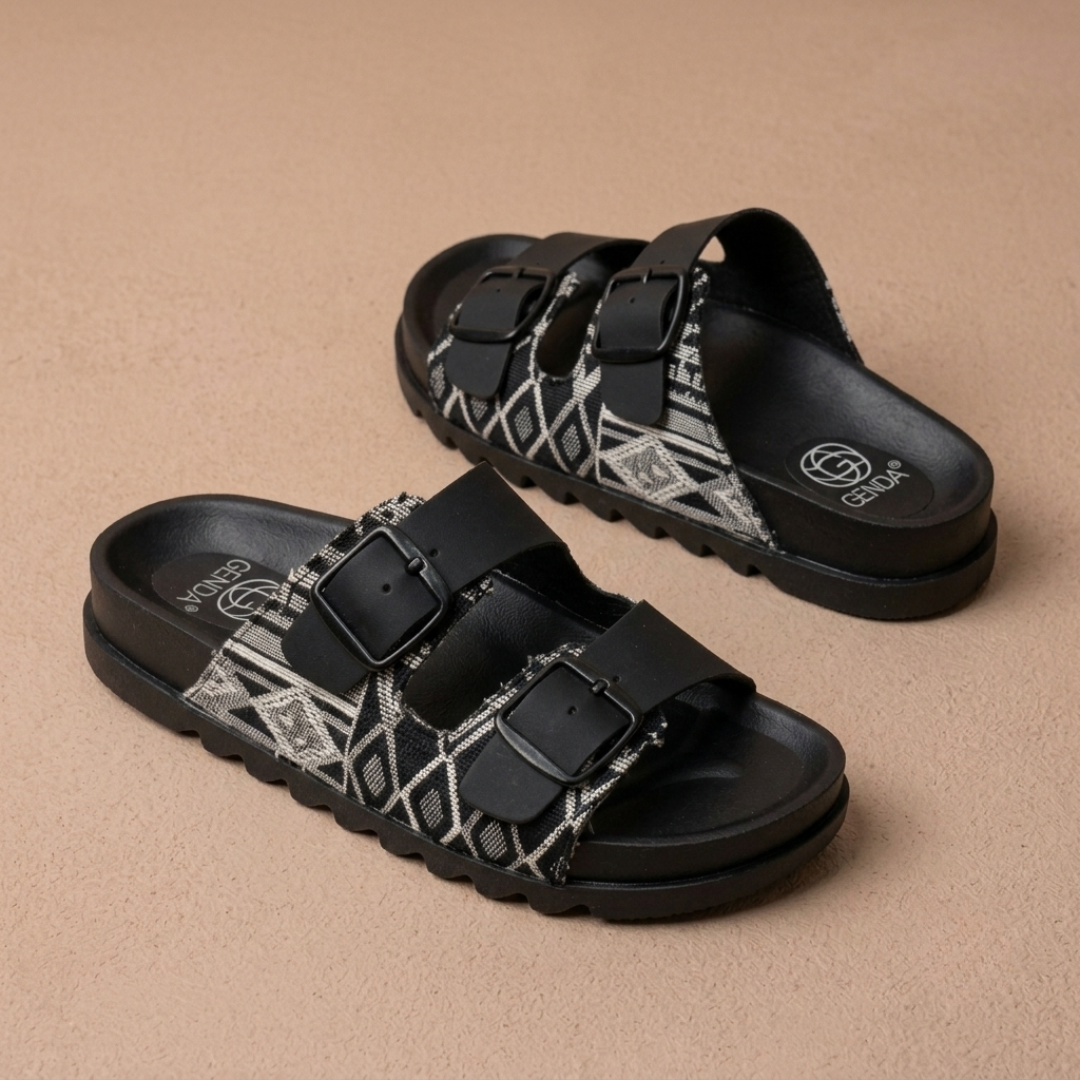 Women’s Double-Buckle Printed Comfort Slide Sandals – Stylish Everyday