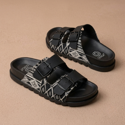 Women’s Double-Buckle Printed Comfort Slide Sandals – Stylish Everyday