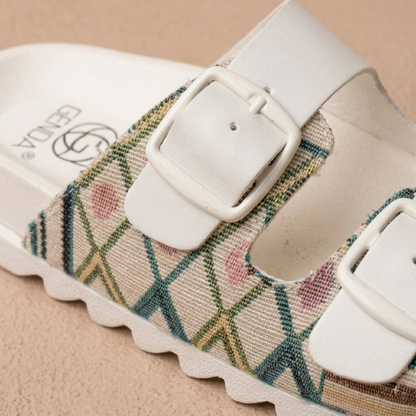 Women’s Double-Buckle Printed Comfort Slide Sandals – Stylish Everyday