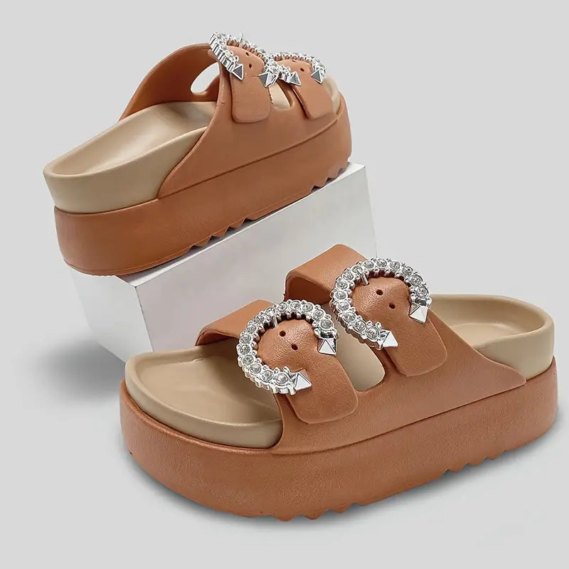 شبشب نسائي بكعب عالٍ ومنصة - ظهر بأشرطة، مريح من مادة EVA ، مفتوح من الأمام