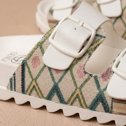 Women’s Double-Buckle Printed Comfort Slide Sandals – Stylish Everyday