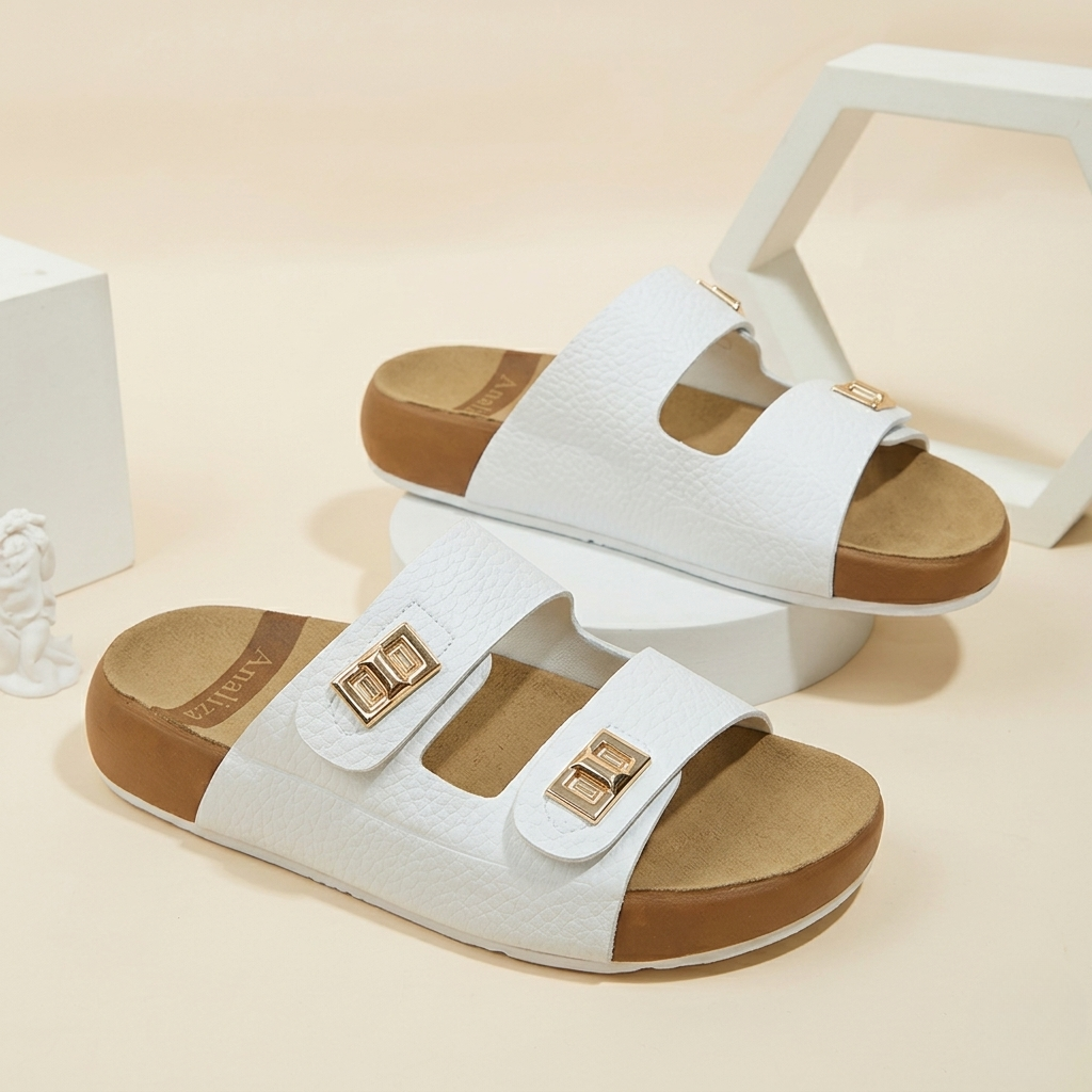 Women’s Stylish Double Strap Comfort Slides – Casual Buckle Sandals