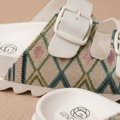 Women’s Double-Buckle Printed Comfort Slide Sandals – Stylish Everyday