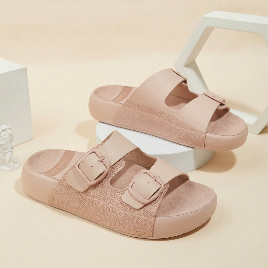 Women’s Stylish Double Strap Comfort Slides – Casual Buckle Sandals