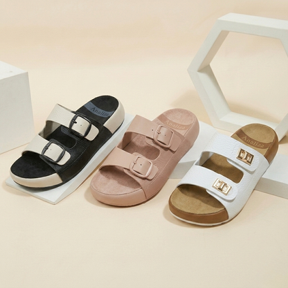 Women’s Stylish Double Strap Comfort Slides – Casual Buckle Sandals