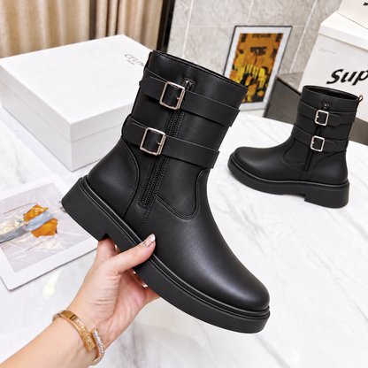 Women’s Elegant Double-Buckle Boots with Side Zip, Rounded Toe and Low Block Heel – Timeless Everyday Style