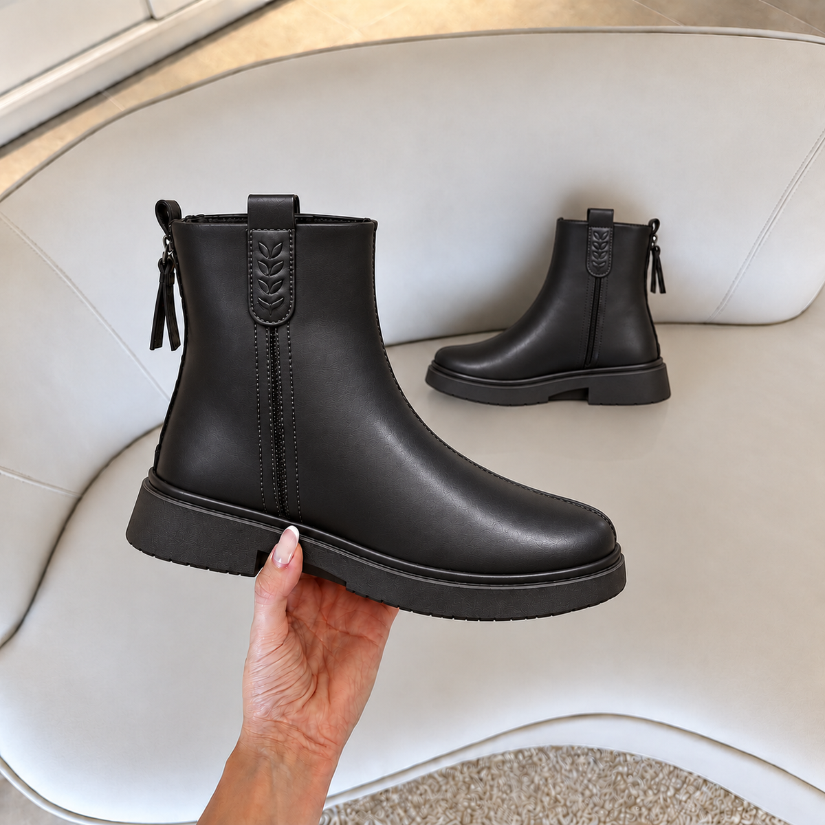 Bottines élégantes pour femme avec finition aspect cuir lisse, détails décoratifs en forme de feuille, bout arrondi et petit talon – Un style intemporel pour le quotidien 