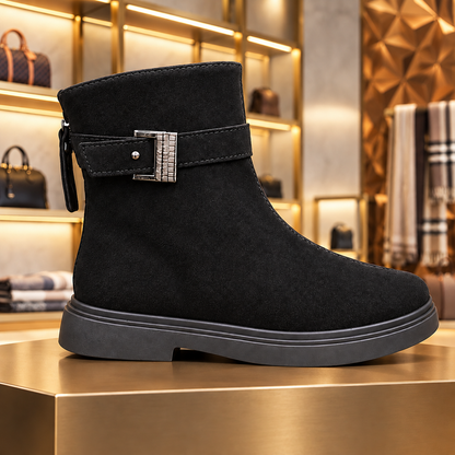Women’s Elegant Suede-Look Ankle Boots with Decorative Buckle Strap, Zip Closure and Chunky Sole – A Timeless Style for Effortless Autumn and Winter Outfits