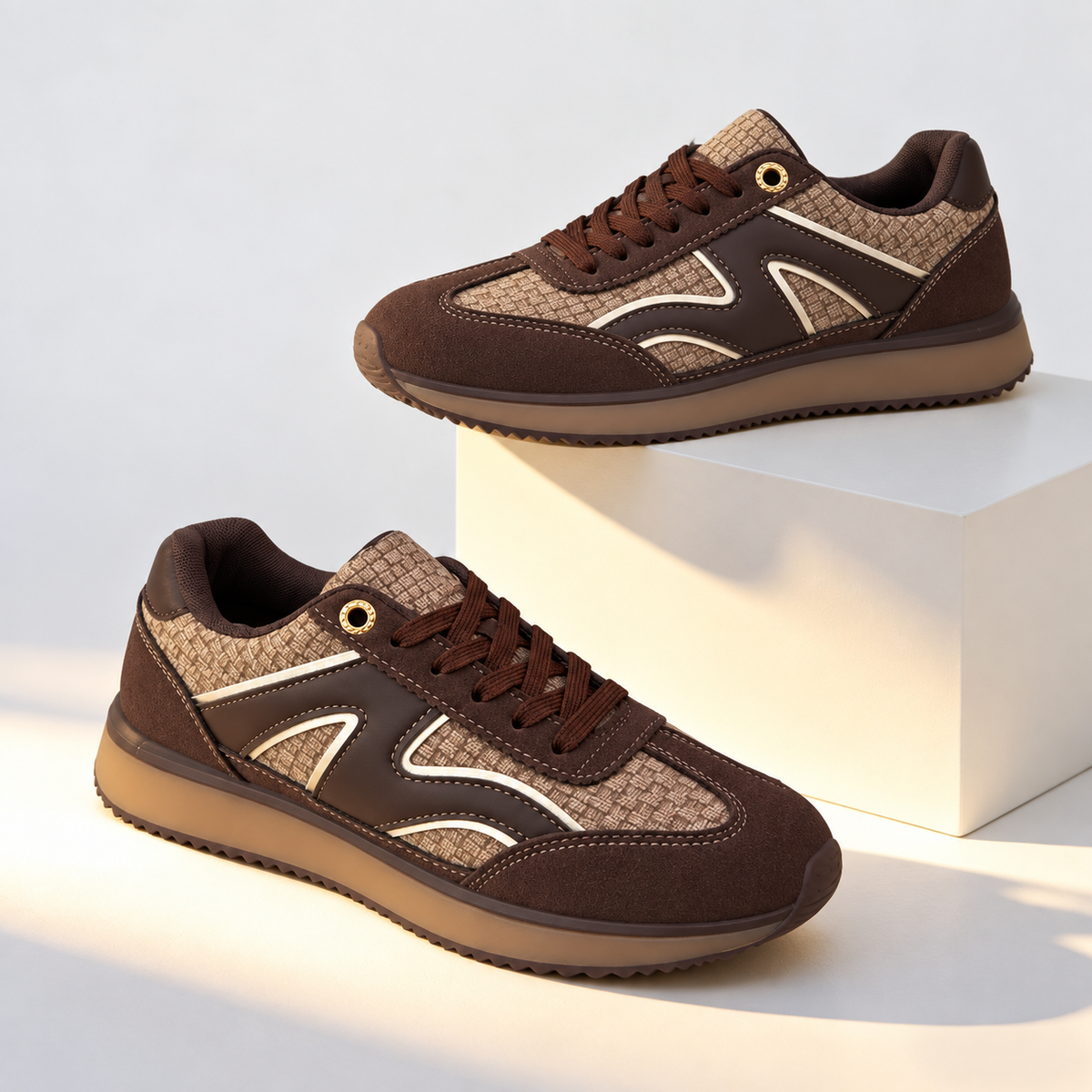Baskets rétro élégantes à lacets pour femme avec empiècements texturés, détails contrastants et semelle épaisse pour un style décontracté au quotidien