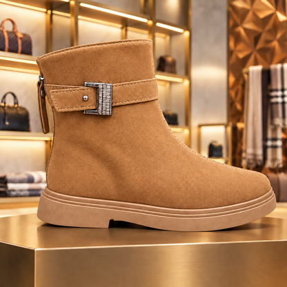 Women’s Elegant Suede-Look Ankle Boots with Decorative Buckle Strap, Zip Closure and Chunky Sole – A Timeless Style for Effortless Autumn and Winter Outfits
