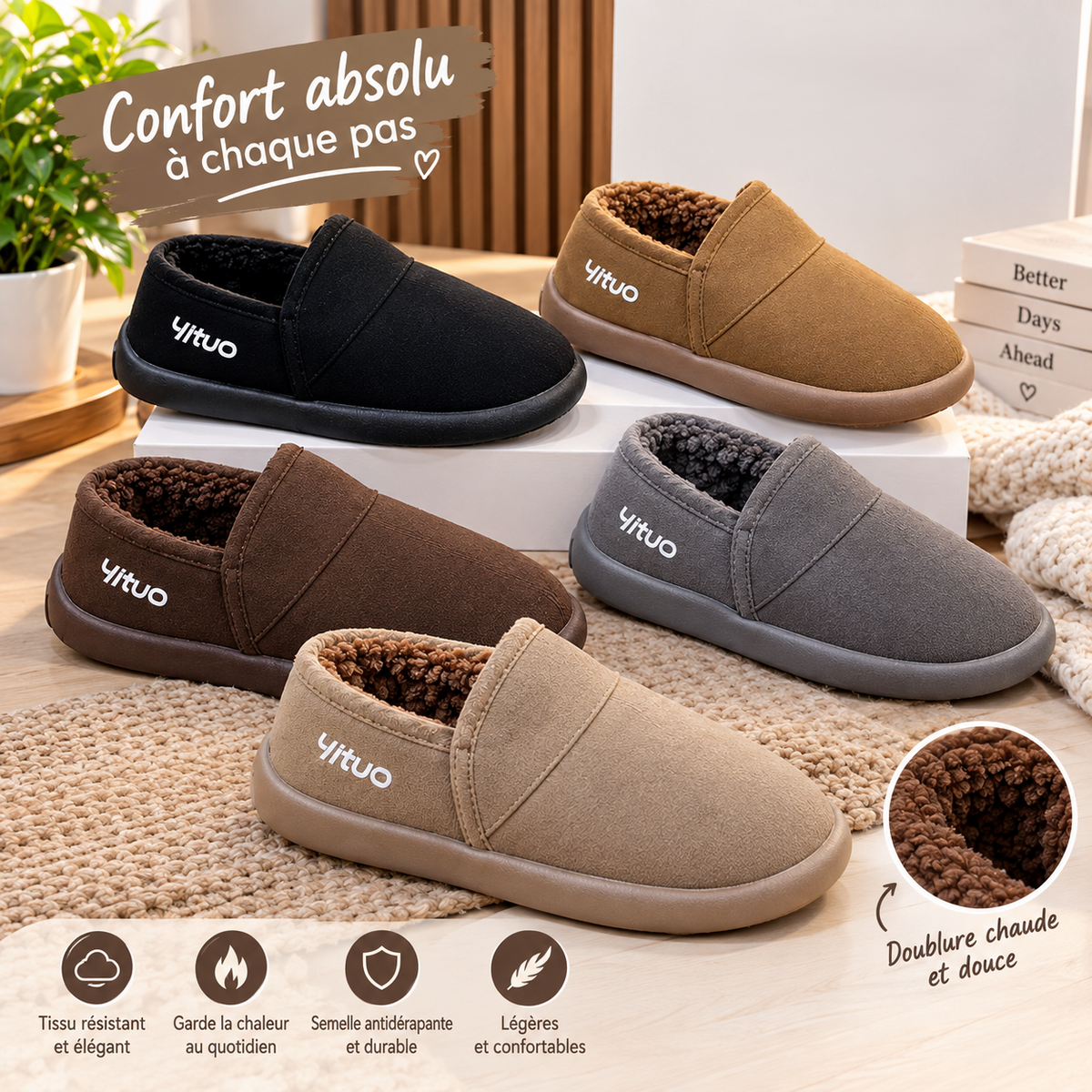 Chaussures d'hiver à enfiler pour femme, camel, doublées de peluche
