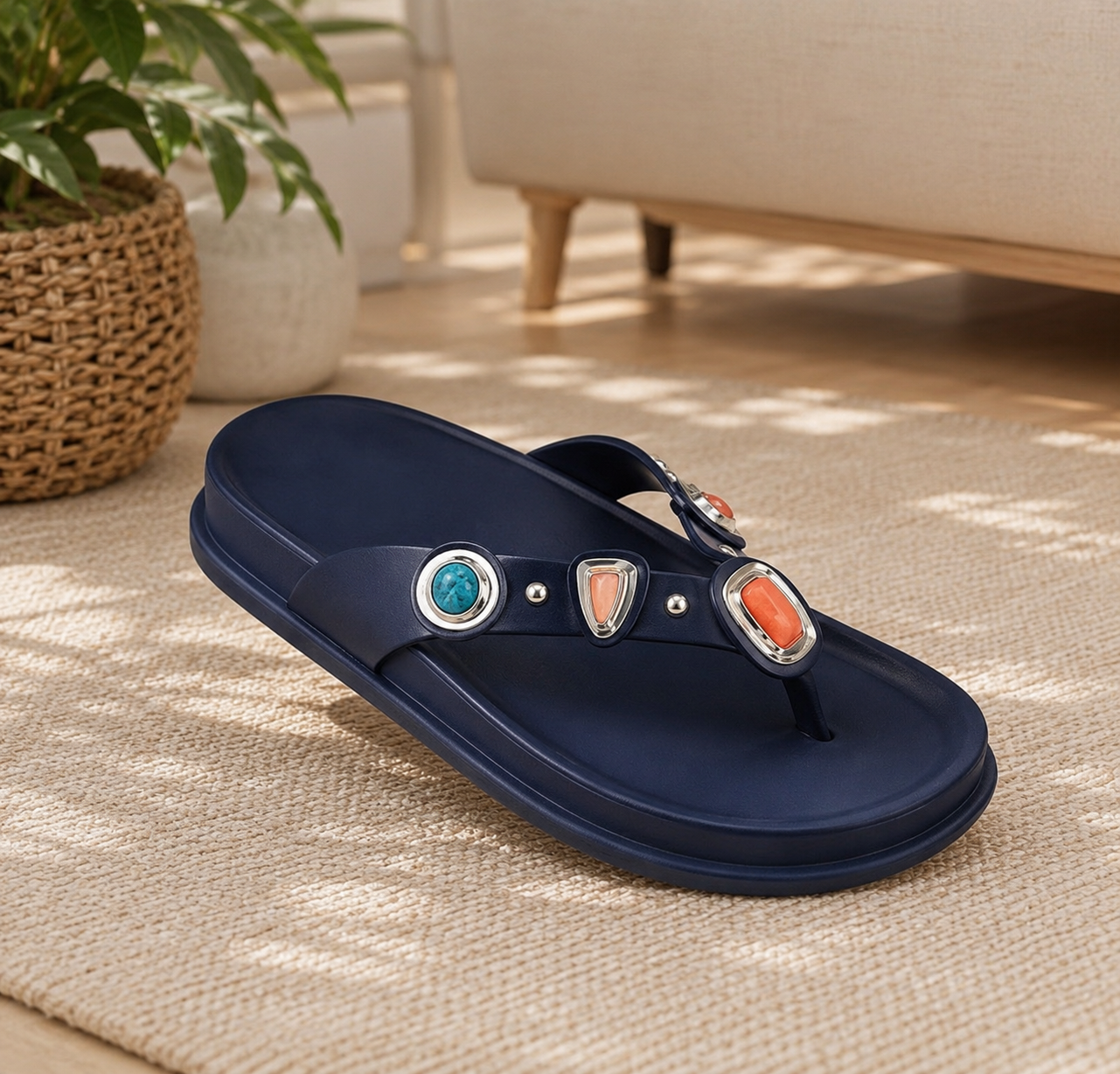 Women's Bohemian Flip Flop Sandals – Rhinestone T-Strap Platform Slides, Lightweight Non-Slip Summer Beach Thong Slippers