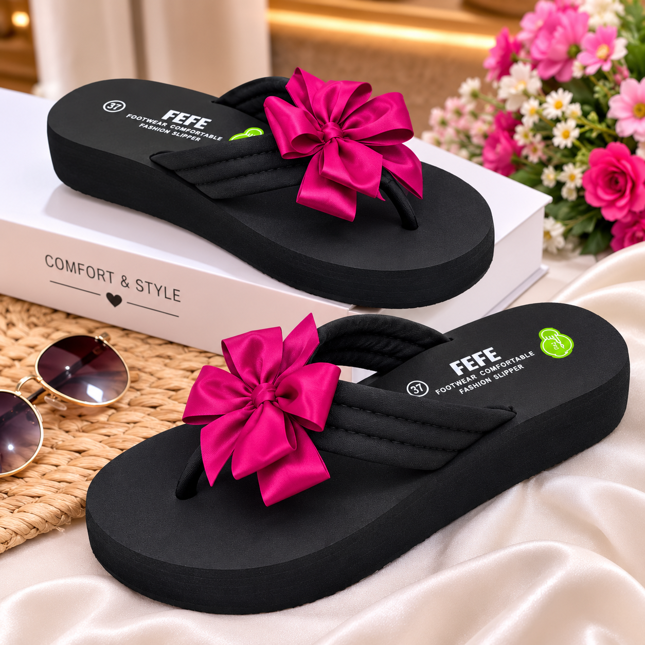 Tongs à nœud fleuri pour femmes – Sandales de plage souples à plateforme 