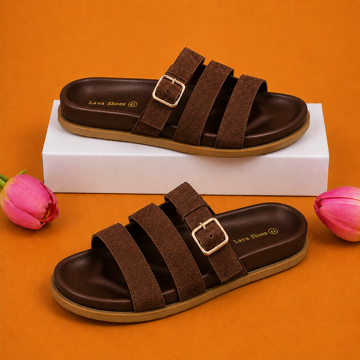 Sandales à enfiler pour femmes, triple bride et boucle, confort premium