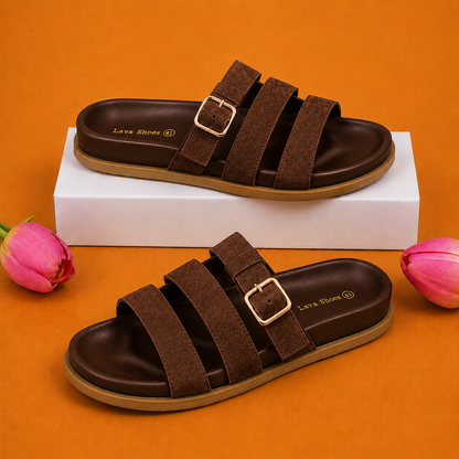 Sandales à enfiler pour femmes, triple bride et boucle, confort premium