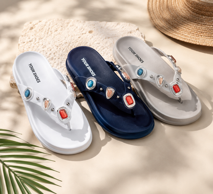 Women's Bohemian Flip Flop Sandals – Rhinestone T-Strap Platform Slides, Lightweight Non-Slip Summer Beach Thong Slippers