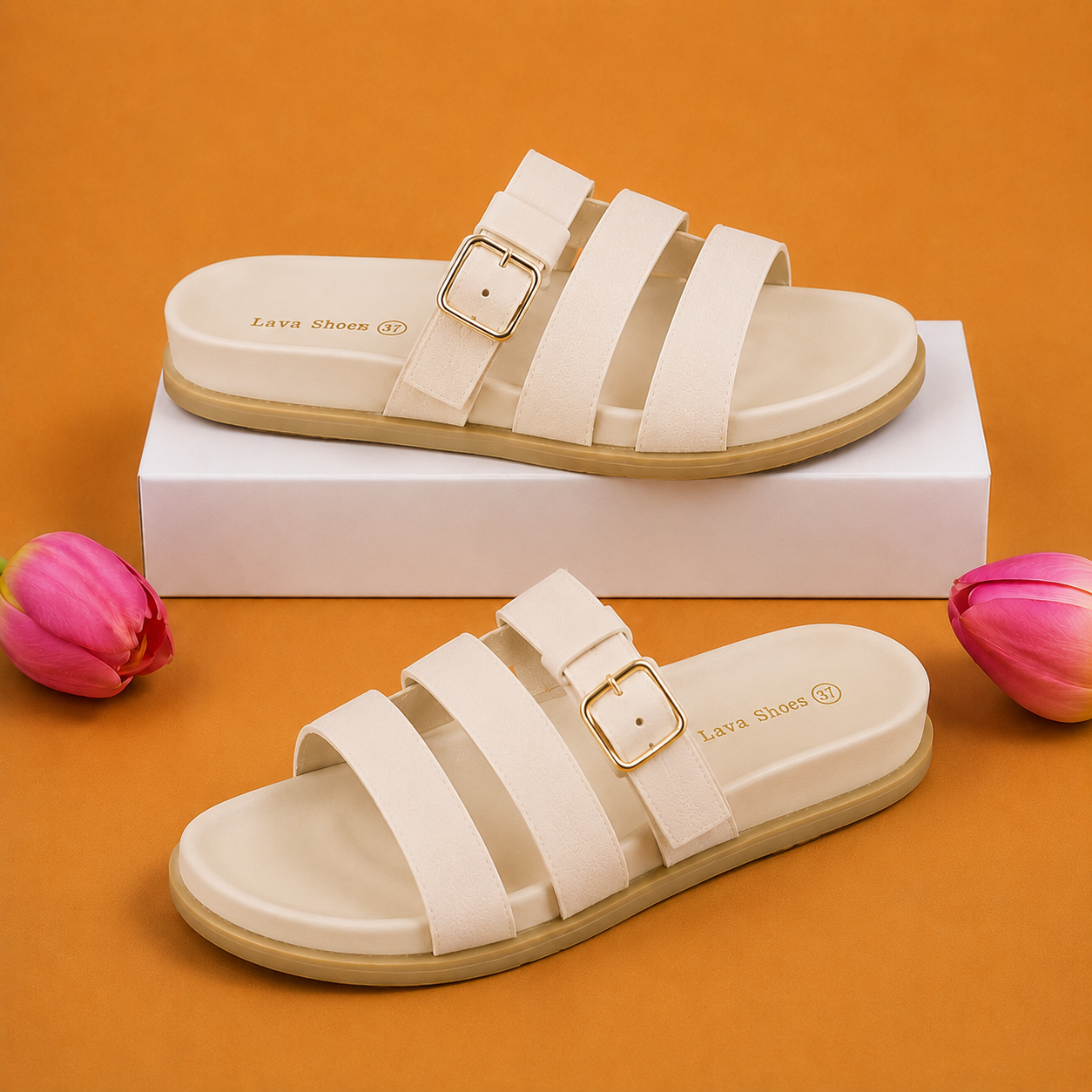 Sandales à enfiler pour femmes, triple bride et boucle, confort premium