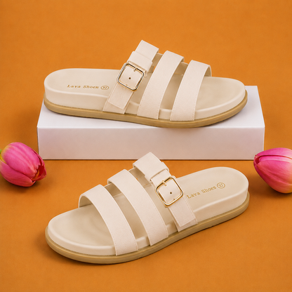 Sandales à enfiler pour femmes, triple bride et boucle, confort premium