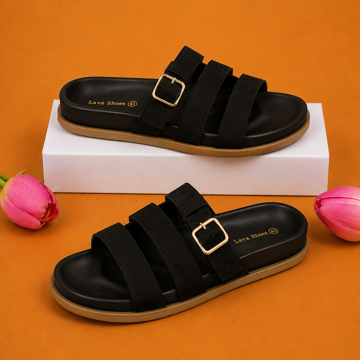 Sandales à enfiler pour femmes, triple bride et boucle, confort premium