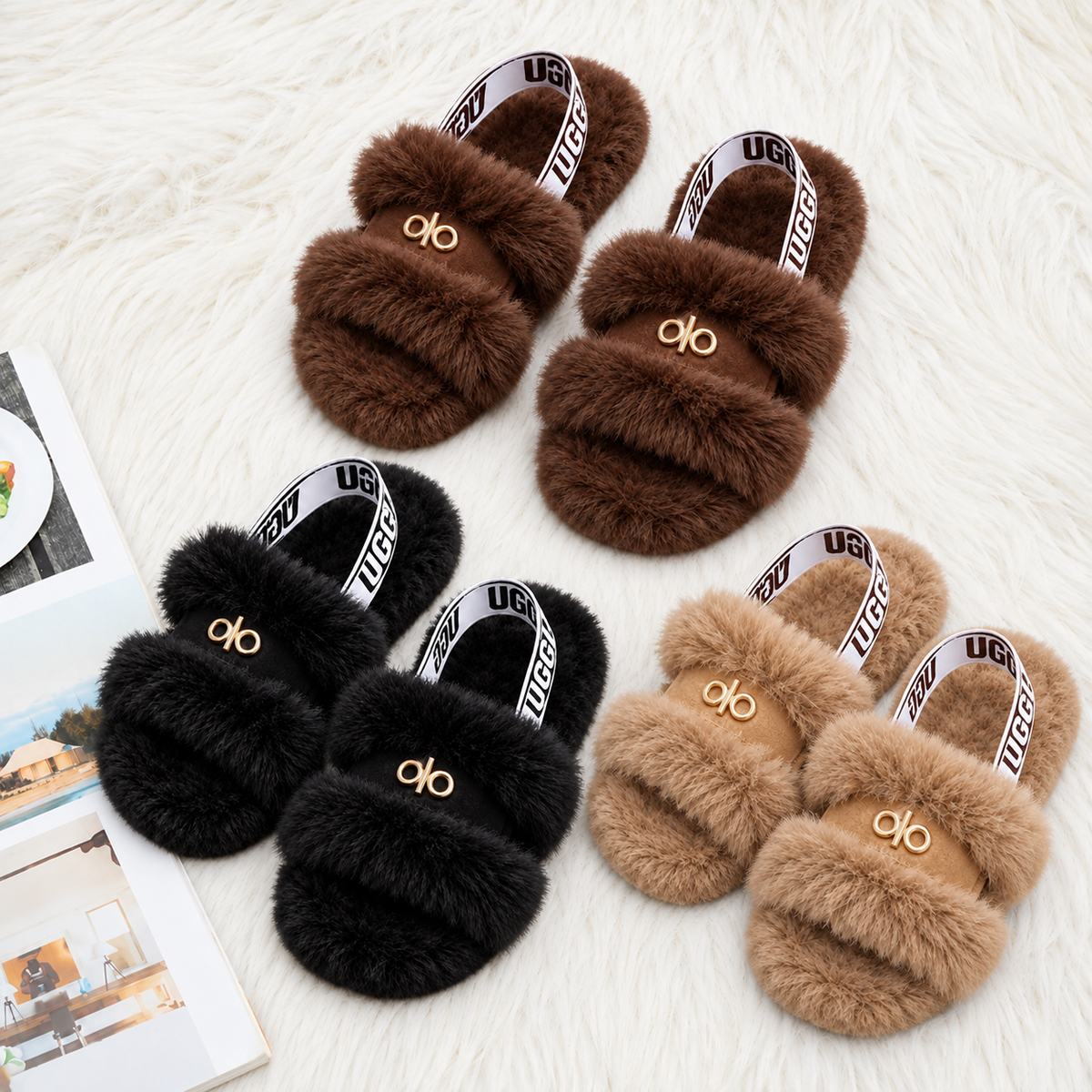 Sandales femme en fourrure duveteuse avec détails dorés élégants