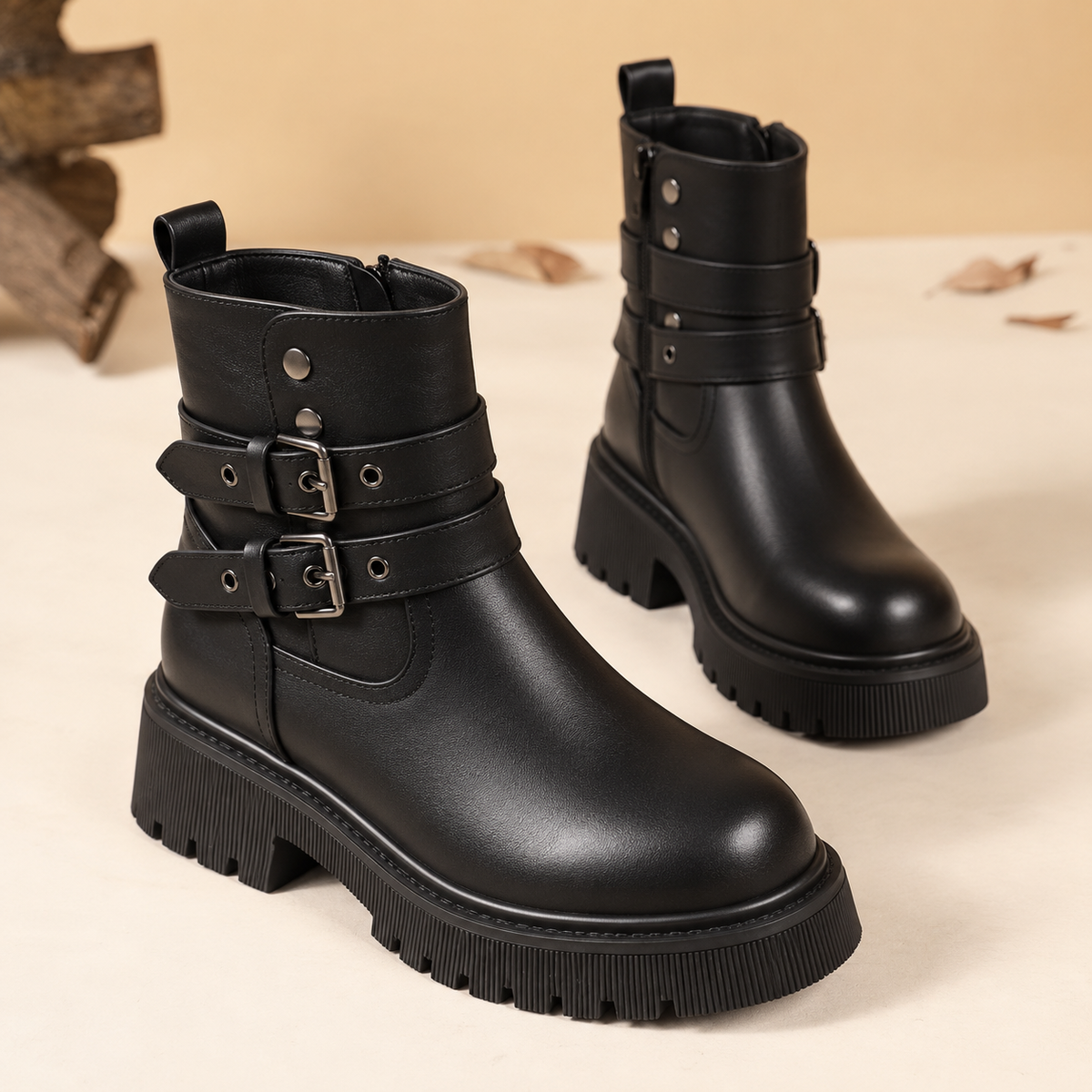 Bottines à plateforme à double boucle pour femme – Style audacieux et confort au quotidien