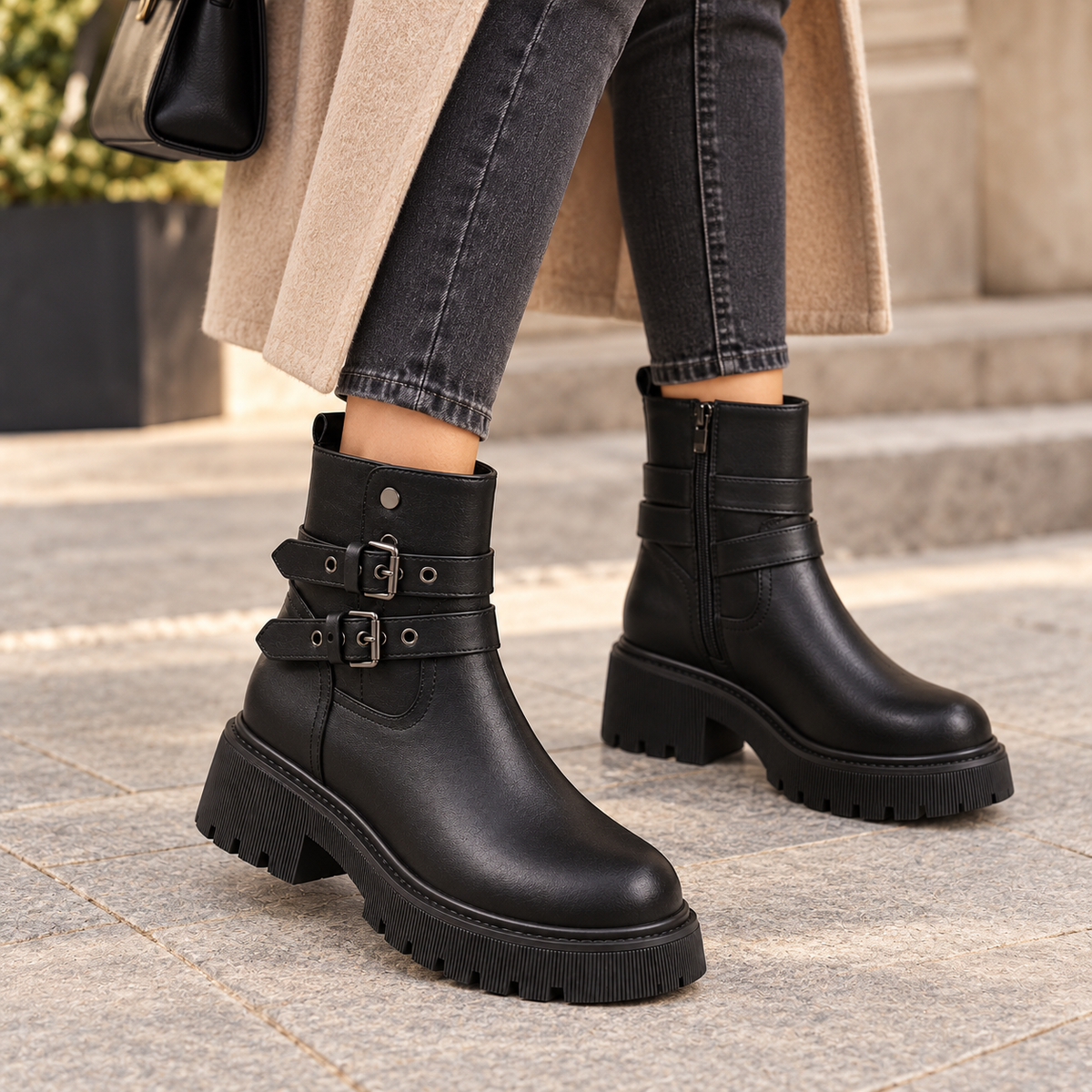 Bottines à plateforme à double boucle pour femme – Style audacieux et confort au quotidien