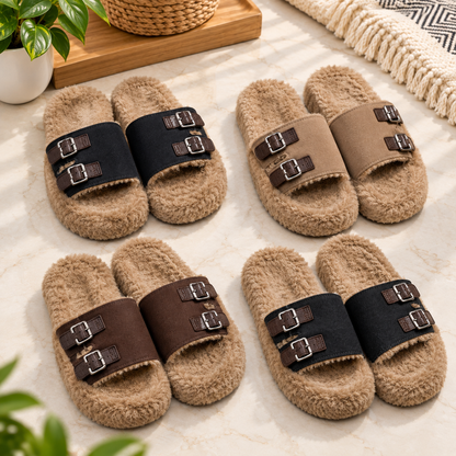 Women’s White Buckle Thick-Soled Fur Slippers – New Plush Cotton Warm Platform Slippers for Outdoor Wear