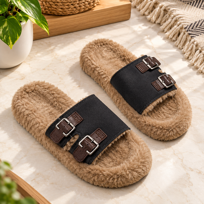 Women’s White Buckle Thick-Soled Fur Slippers – New Plush Cotton Warm Platform Slippers for Outdoor Wear