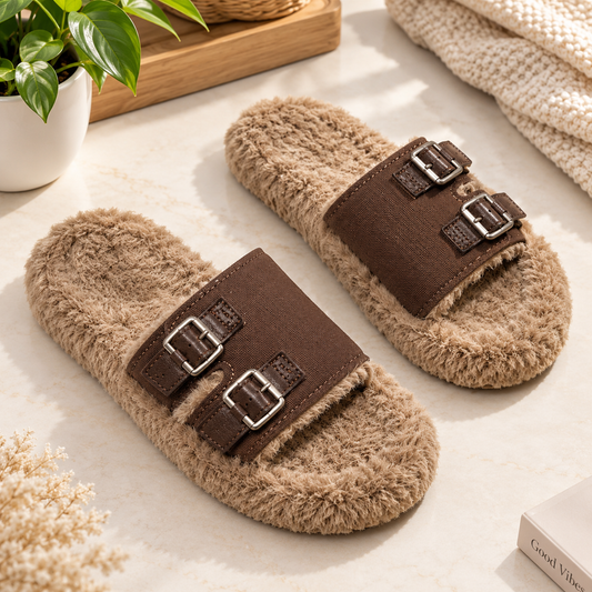 Women’s White Buckle Thick-Soled Fur Slippers – New Plush Cotton Warm Platform Slippers for Outdoor Wear